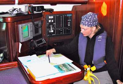Navigationsplatz einer Hochseeyacht mit UKW- Funkausrüstung.